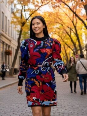 A Classy Chic Boutique Red and Blue Floral Knit Mini Dress